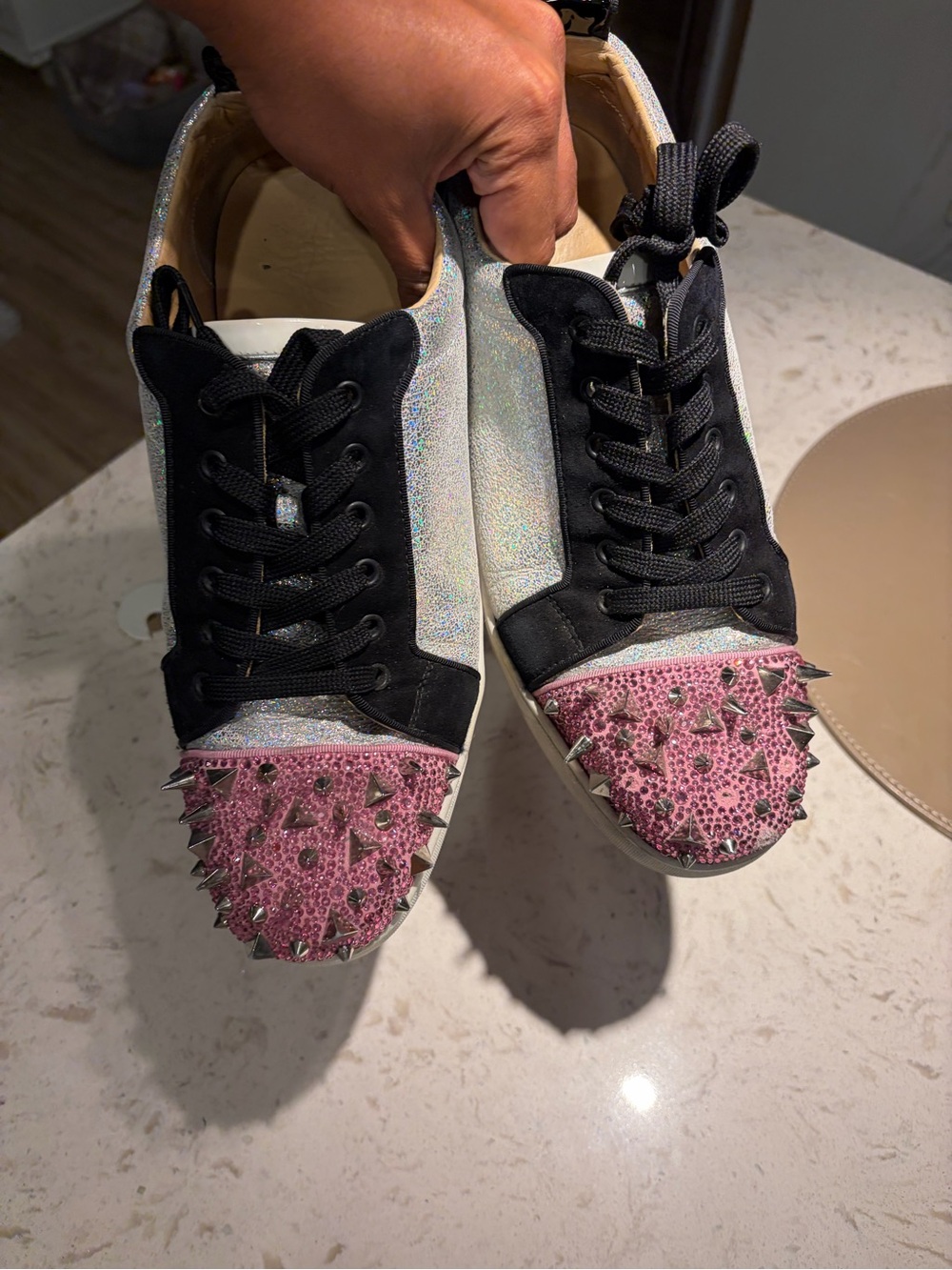 Christian Louboutin Black Iridescent Sneakers with Pink Studded Toes
